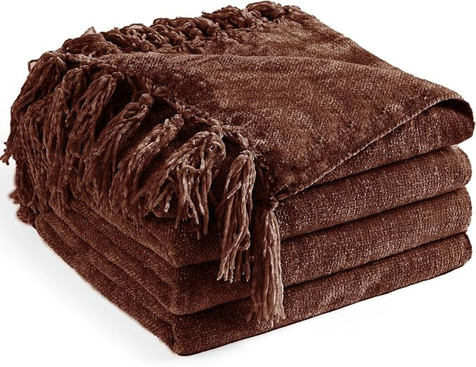 Chenille Throw Blanket for Couch 50" x 60", Dark Brown | Soft Cozy Warm Throws with Fringe Tassel... | Amazon (US)