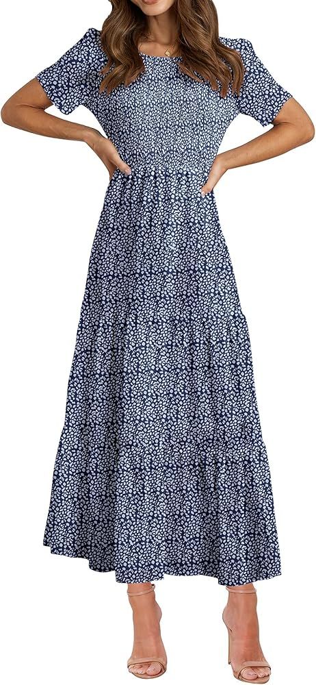 BTFBM Women Casual Short Sleeve Crew Neck Summer Dress Bohemian Floral Printed Flowy Maxi Dresses... | Amazon (US)