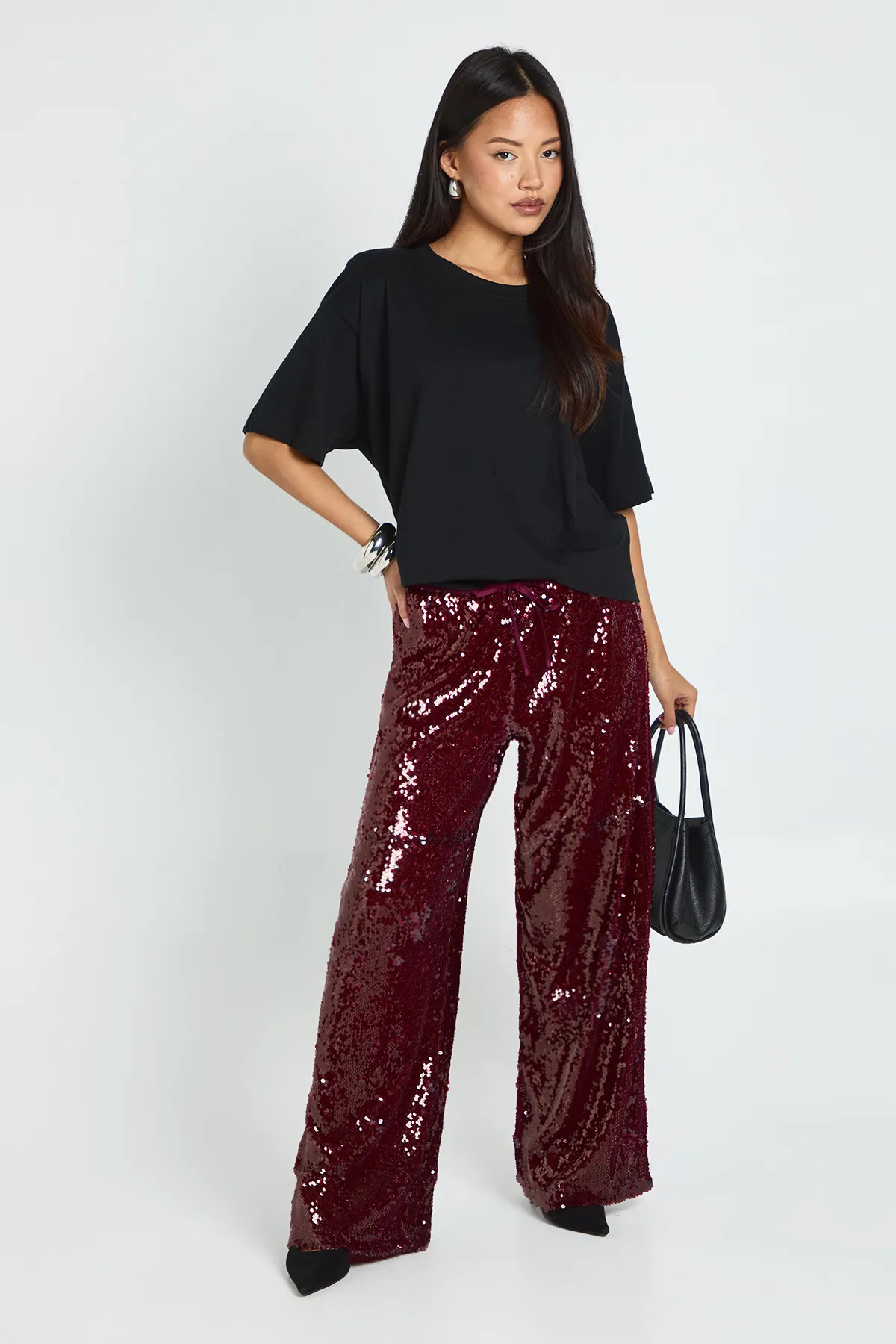 Petite Low Rise Drawcord Waistband Sequin Trouser | Boohoo.com (UK & IE)