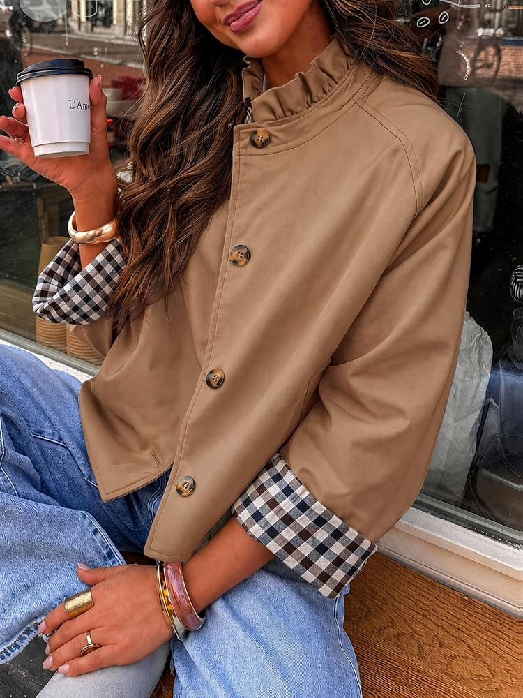 Cicy Bell Womens Ruffle Short Trench Coat Single Breasted Cropped Jackets | Amazon (US)