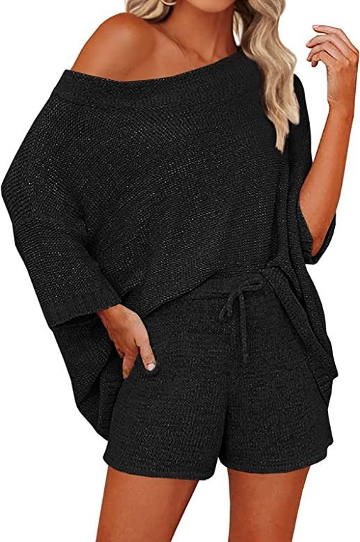Mafulus Women's 2 Piece Outfits Sweater Sets Off Shoulder Knit Top Shorts Matching Suits Cute Paj... | Amazon (US)