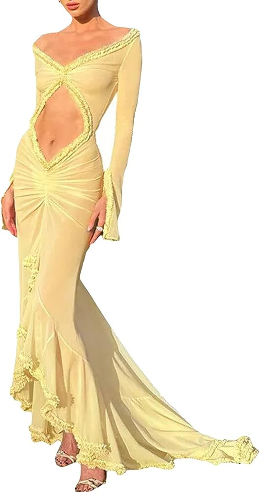 SOLILOQUY Women's High Low Maxi Dress Party Long Sleeve Off Shoulder Frilly V Neck Sheer Mesh Clu... | Amazon (US)
