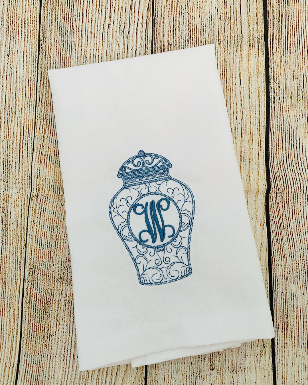 Monogram Ginger Jar Towel: Embroidered Blue Chinoiserie - Etsy | Etsy (US)