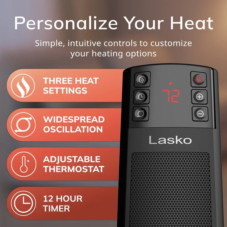 Lasko 22” Oscillating Ceramic Tower Space Heater, Auto Dimming Display, Tip-Switch, Remote, CT2... | Walmart (US)