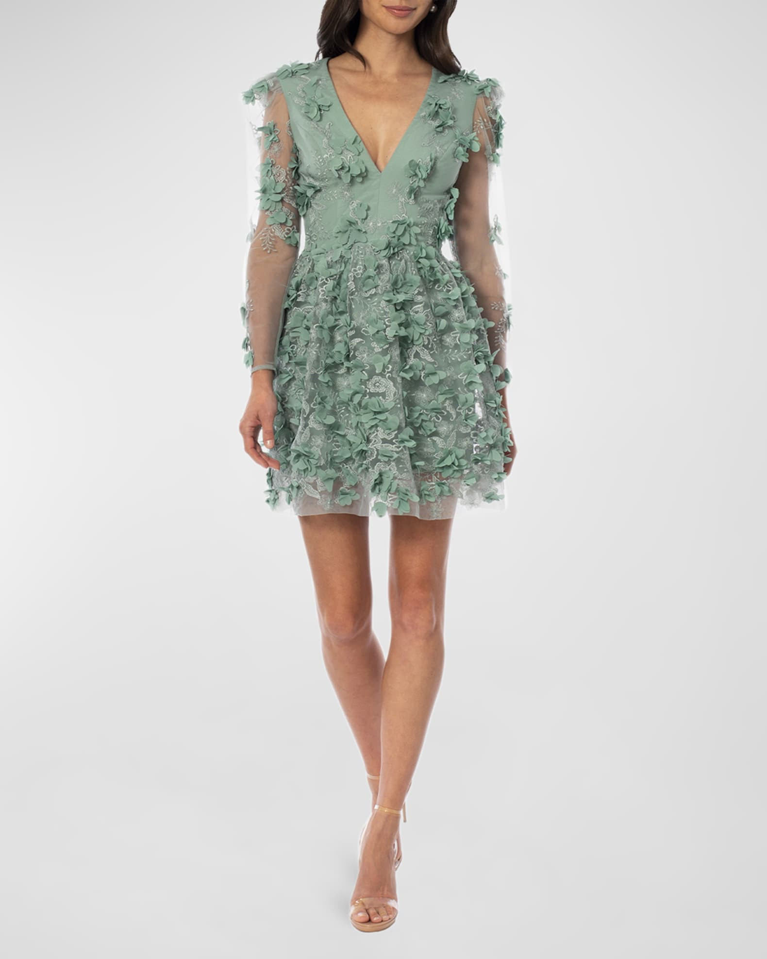 Sidney Illusion-Sleeve Floral Applique Dress | Neiman Marcus