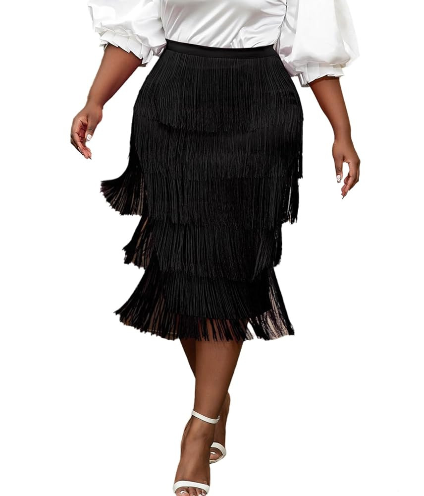 AOMEI Women's High Waist Fringe Tiered Bodycon Pencil Midi Skirt | Amazon (US)