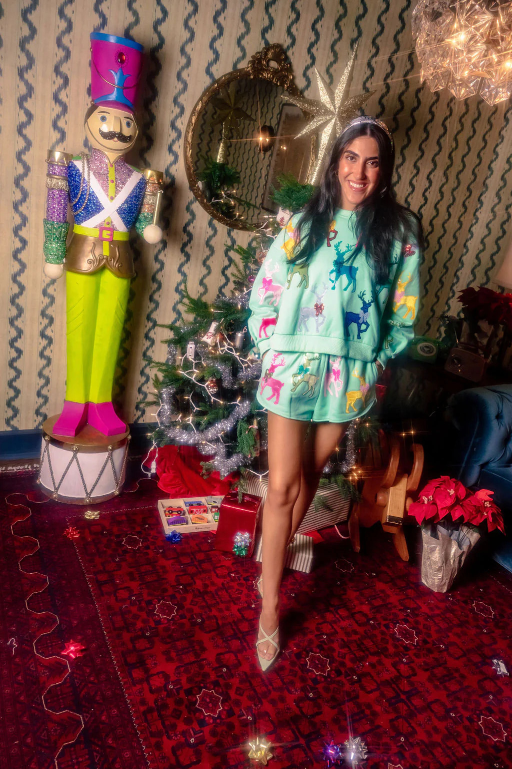 Mint Green Shorts with Velvet Reindeers & Bows | Queen of Sparkles