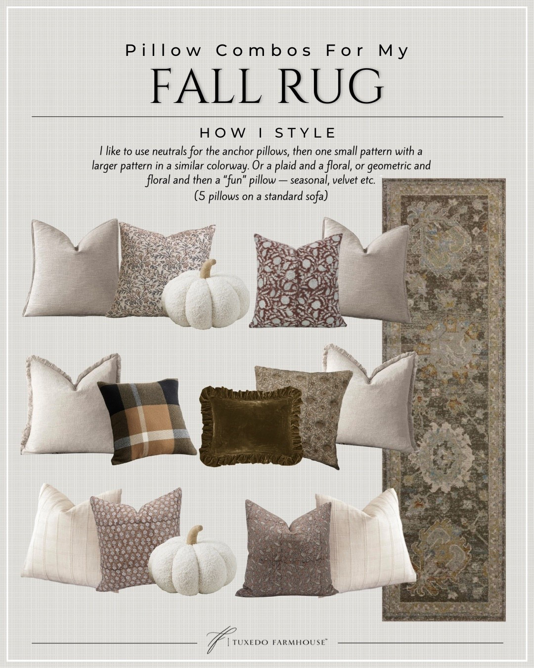 You asked for pillow combos for my fall rug so here you go. When choosing, I pull colors from the rug and use those for pillows and florals. This rug has three style variations in the same colorway so it’s a great option for styling throughout your home  

#LTKHome #LTKFindsUnder50 #LTKSeasonal