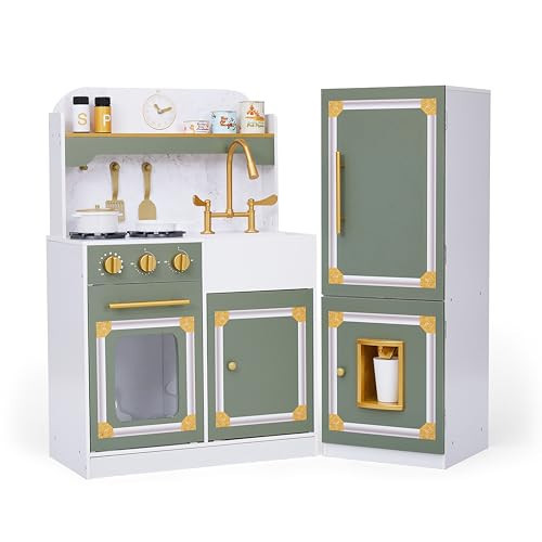 Teamson Kids Versailles Wooden Deluxe Play Kitchen Set Plus Refrigerator with Ice Dispenser and 15 Cookware Accessories, Olive Green | Amazon (US)