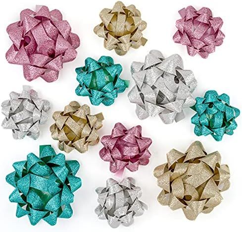 WRAPAHOLIC Glitter Gift Bow Assortment (12 Bows) Gold, Silver, Rose Gold, Turquoise for Birthday,... | Amazon (US)