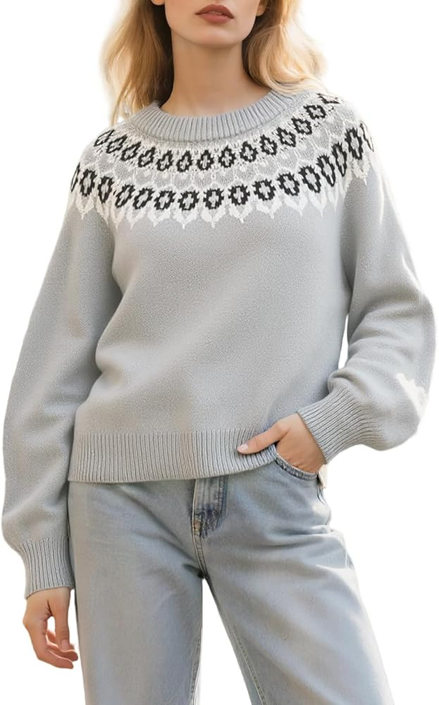 Womens Vintage Fair Isle Knit Sweater 2025 Fall Long Sleeve Crewneck Lightweight Pullover Top Swe... | Amazon (US)