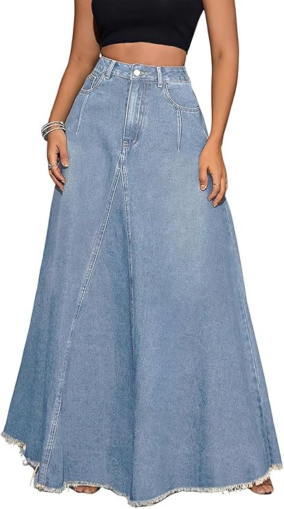 ebossy Women's Retro Distressed High Waist Frayed Hem A Line Wash Maxi Long Denim Skirt with Pock... | Amazon (US)