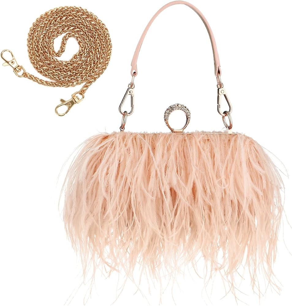 ZAKIA Women's Real Natural Ostrich Feather Tote Evening Dress Bag Shoulder Bag Party Money Bag Wa... | Amazon (US)