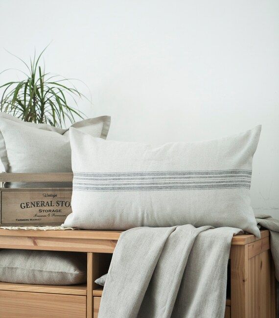 Farmhouse grain sack pillow Long linen lumbar pillow cover for country style decor Rough linen lu... | Etsy (US)