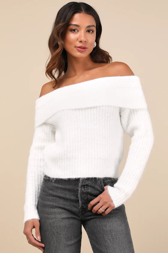 Cozy Outcome Ivory Fuzzy Off-the-Shoulder Sweater | Lulus