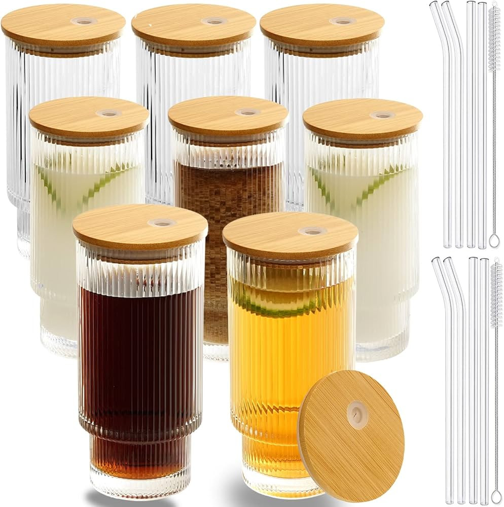 8 Pcs 16oz Ribbed Drinking Glasses with Bamboo Lids and Straws, Ribbed Glass Cups, Stackable Glas... | Amazon (US)
