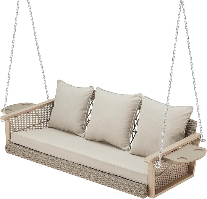 HOMREST 3-Person Wicker Porch Swing with Upgraded Cup Holder, 56 Inch Patio Hanging Swing Bench C... | Amazon (US)