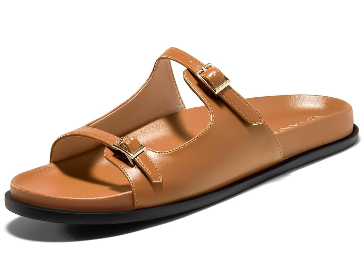 Coutgo Womens Flat Sandals Comfortable Wide Width Slides Double Strap Adjustable Buckle Slip on S... | Amazon (US)