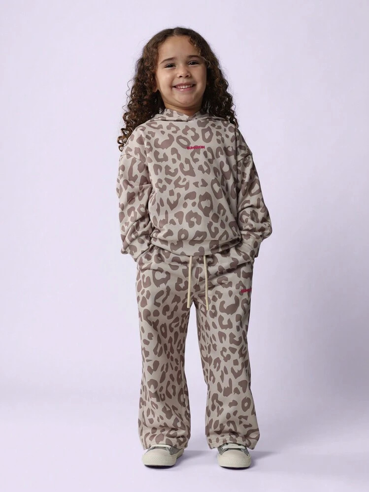 SUMWON Two Piece Animal Print Drawstring Hoodie Jogger Set Co-Ord Girls Fleece Lounge Outfit Fall Winter Casual Streetwear Comfortable Matching Everyday Wear Loungewear | SHEIN