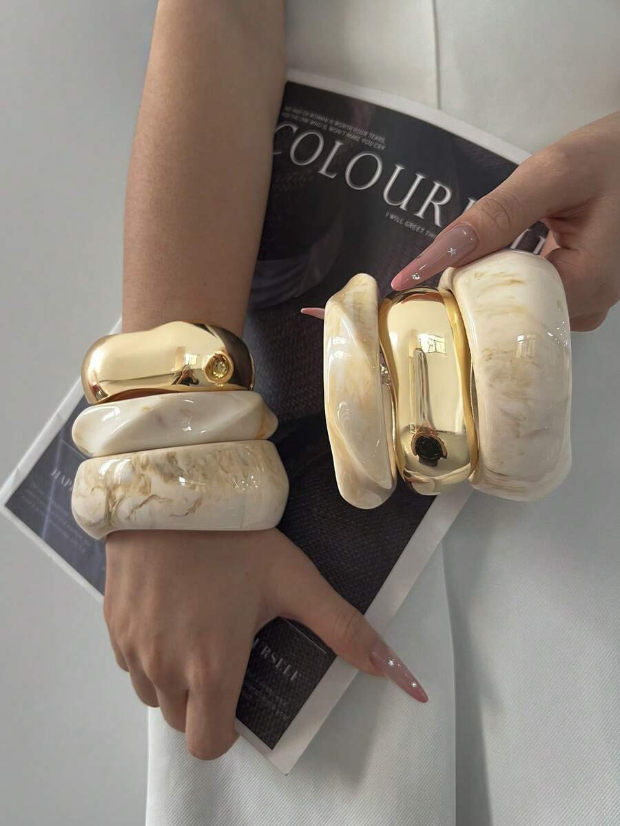 3pcs Unique Bracelet Set, Gold Color Wide Bangle Bracelets, Luxury Elegant Style Women Bracelets | SHEIN