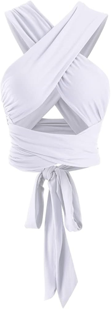 ZAFUL Womens Ribbed Halter Crop Top Ruched Lace-up Cropped Cami Bandana Top Criss Cross Wrap Prin... | Amazon (US)