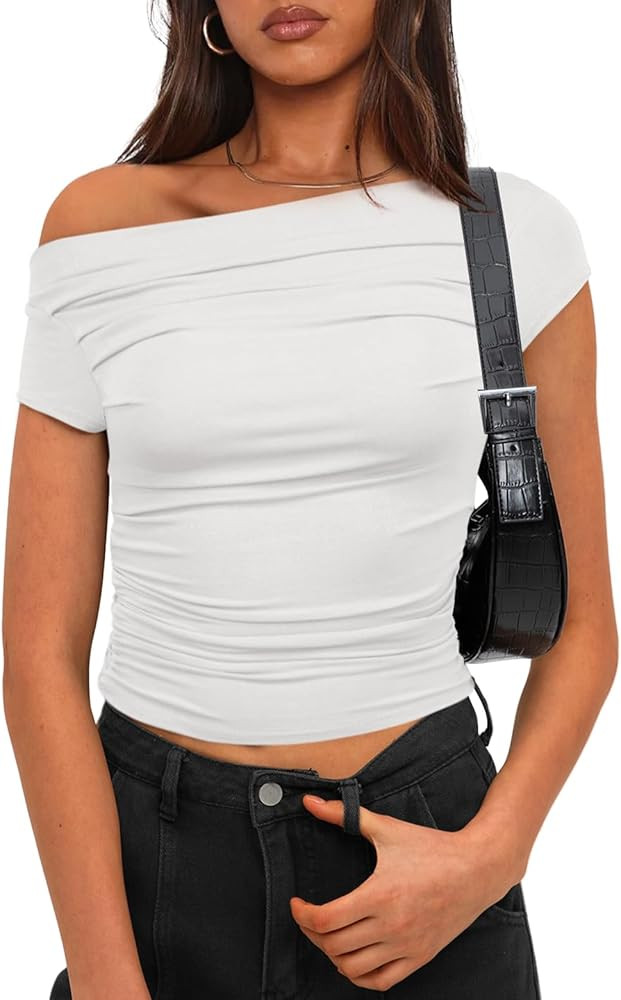 Darong Women's Summer Cap Sleeve Boat Neck Off Shoulder Top Going Out Slim Fit Tops Y2K Tight Shi... | Amazon (US)