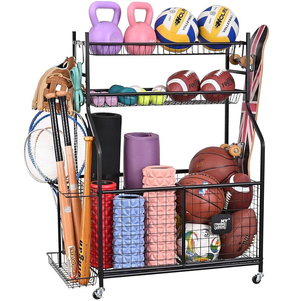 Mythinglogic Sports Equipment Garage Organizer,Garage Ball Storage for Sports Gear and Toys, Roll... | Amazon (US)