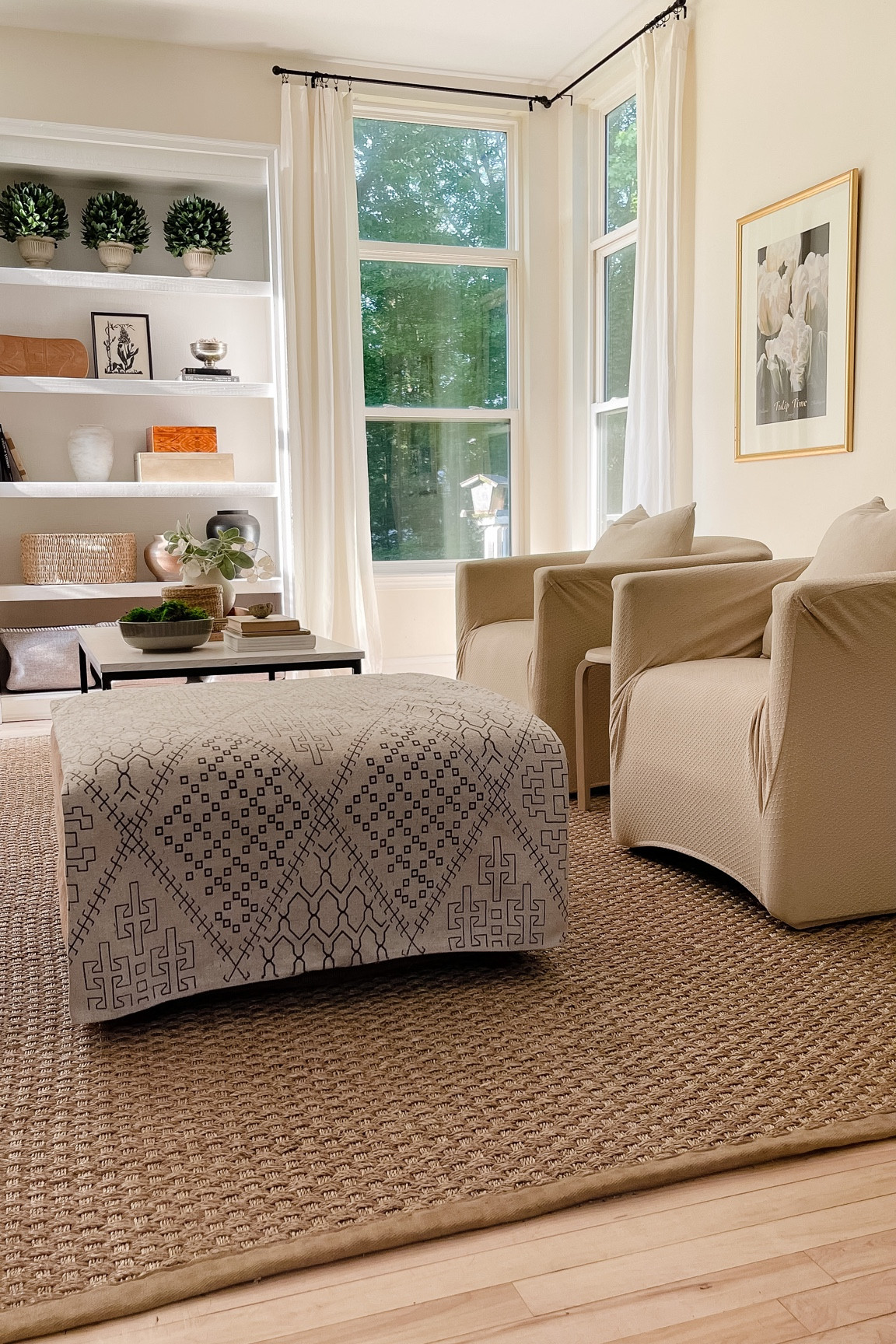 Living room, family room, sisal rug, chair, slipcovers, farmhouse, curtains, casual curtains, wait drapes, coffee table.

#LTKFind #LTKunder50 #LTKhome