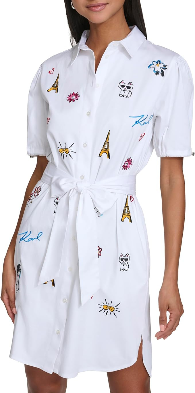 Karl Lagerfeld Women's Poplin Shirt Dress with Tie Waist | Amazon (US)