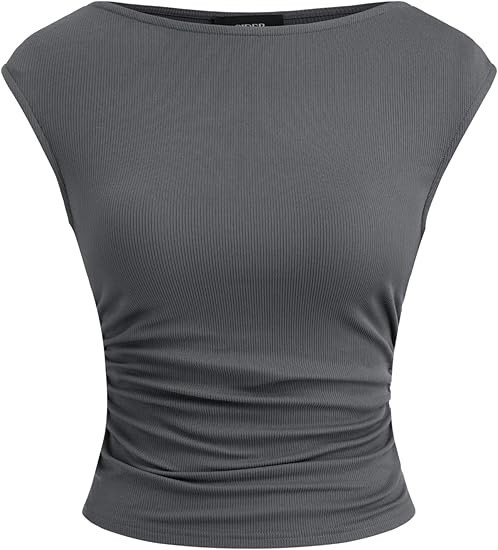 CIDER Boat Neck Tops for Women Sleeveless Ruched Crop Tank Tops Slim Fit Trendy Summer Outfits Ca... | Amazon (US)