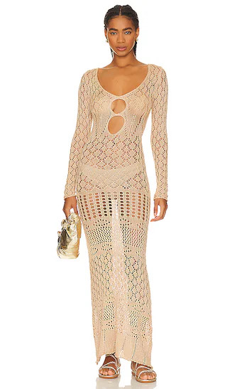 x REVOLVE Long Sleeve Crochet Maxi Dress in Tan Shimmer | Revolve Clothing (Global)