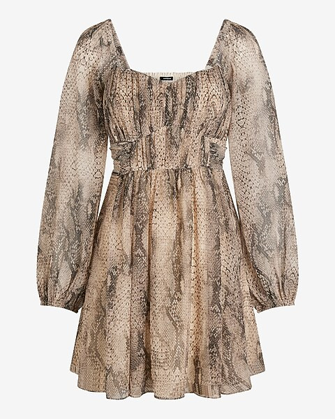 Snakeskin Sweetheart Neckline Long Sleeve Mini Babydoll Dress | Express