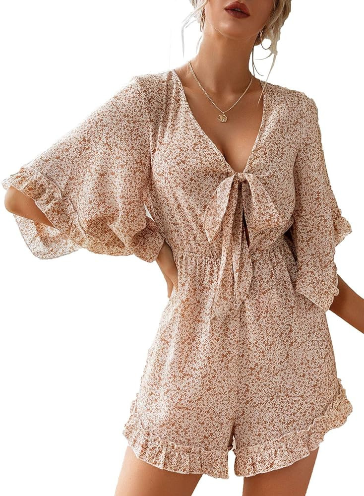 Women's Floral V Neck Tie Front Rompers Ruffle Baggy Sleeves Short Jumpsuits | Amazon (US)