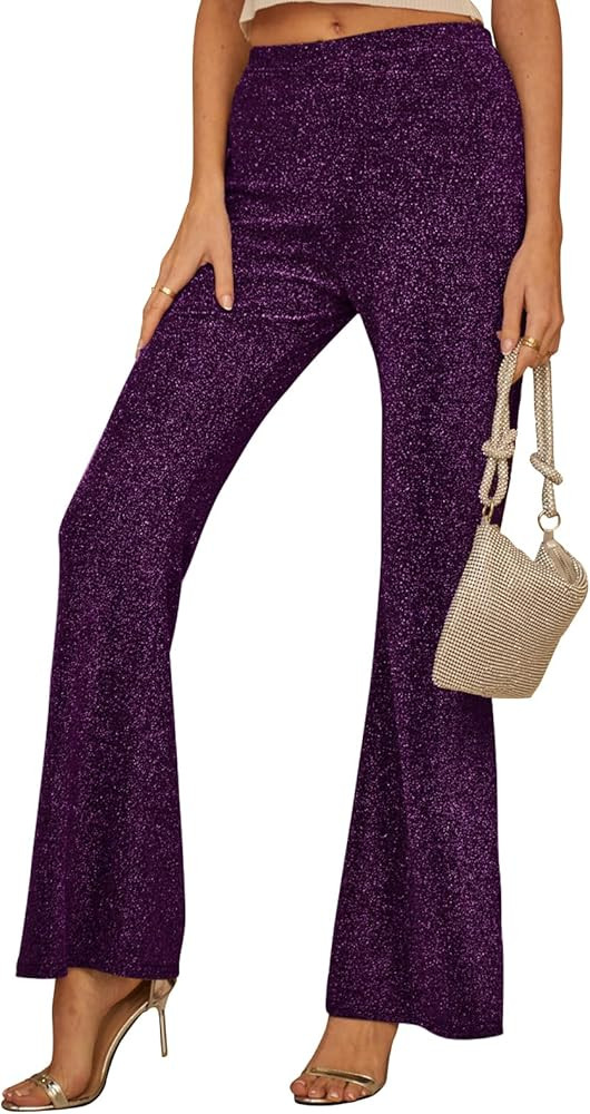 GUOLEZEEV Bell Bottom Pants for Women Elastic Waist Sequin Pants Sparkly Bottoms | Amazon (US)