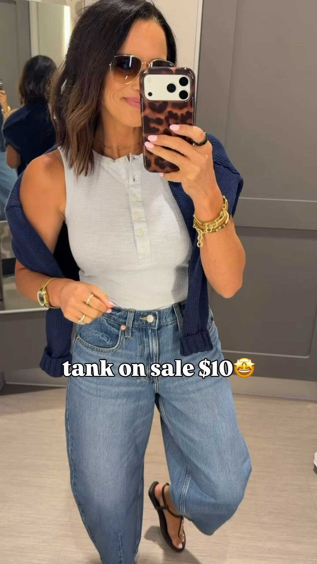 this target tank on sale for $10 👏 such a good basic and perfect layered with a sweater over the shoulders. love this whole casual everyday look 🤍 #targetstyle #targetfinds #targetsale #everydayoutfit #casualstyle #denimjeans #affordablefashion #summerstyle