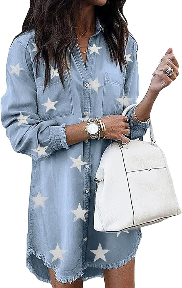 Zilcremo Women Denim Shirt Dresses Long Sleeve Distressed Jean Dress Button Down Casual Tunic Top | Amazon (US)