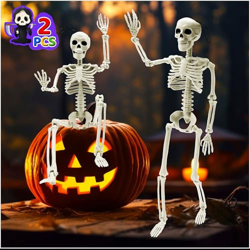 2 Pcs Halloween Decoration, 16" Small Posable Full Body Skeletons with Movable Joints for Garden Graveyard Haunted House Party Home Props Decor | Amazon (US)