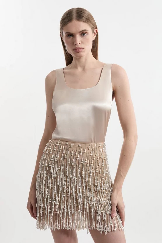Tall Pearl Tassel Embellished Woven Mini Skirt | Karen Millen UK + IE + DE + NL