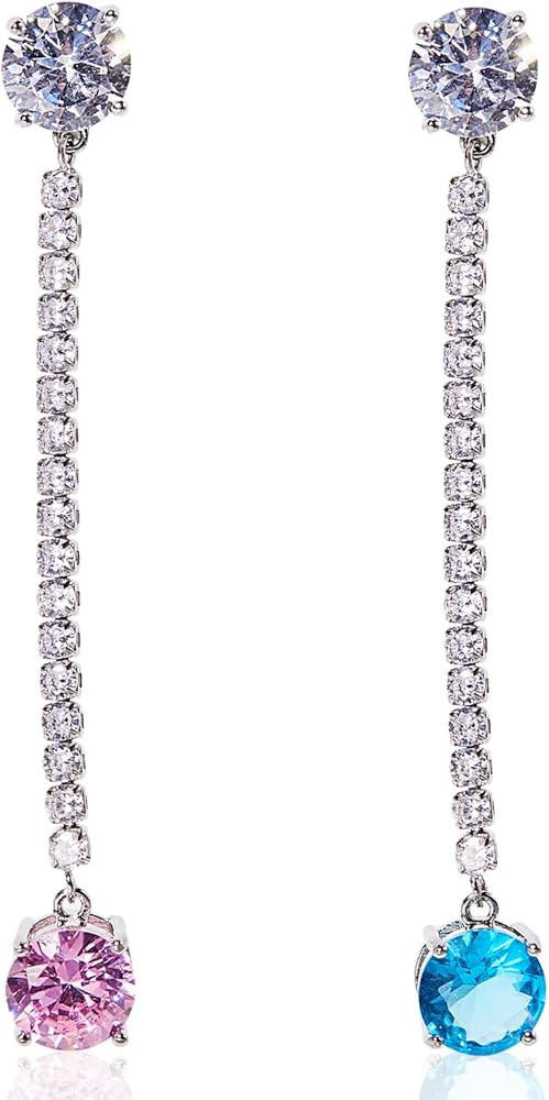 Asymmetric Tassel Earrings Pink & Blue Cubic Zirconia Drop Earrings for Women, 18K White Gold Pla... | Amazon (US)