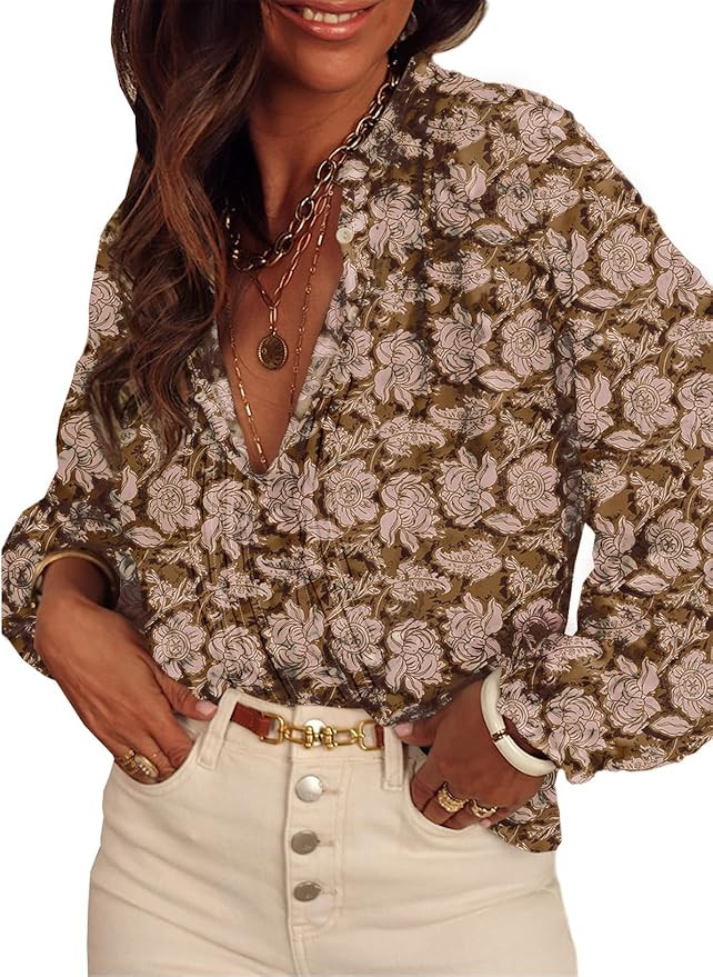 SHEWIN Women's Tops Casual V Neck Long Sleeve Shirts Floral Boho Blouses Tunics | Amazon (US)