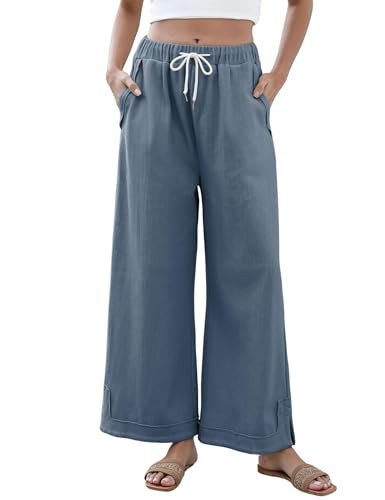 Athlisan Womens Baggy Wide Leg Palazzo Pants Casual Loose Drawstring Elastic Waisted Lounge Trousers with Pockets(Dustyblue-XL) | Amazon (US)