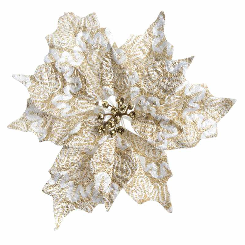 White & Gold Lace Poinsettia Clip Ornament, 9" | At Home