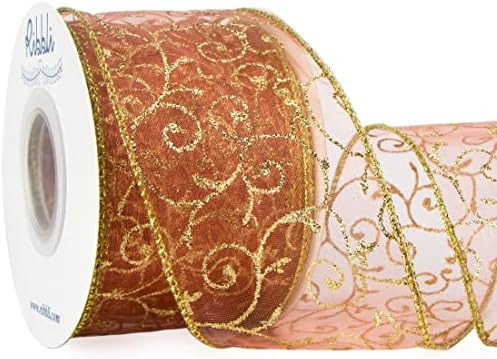 Ribbli Swirl Glitter Wired Ribbon, Rose Gold Organza Sheer Ribbon with Gold Glitter Swirl Pattern... | Amazon (US)