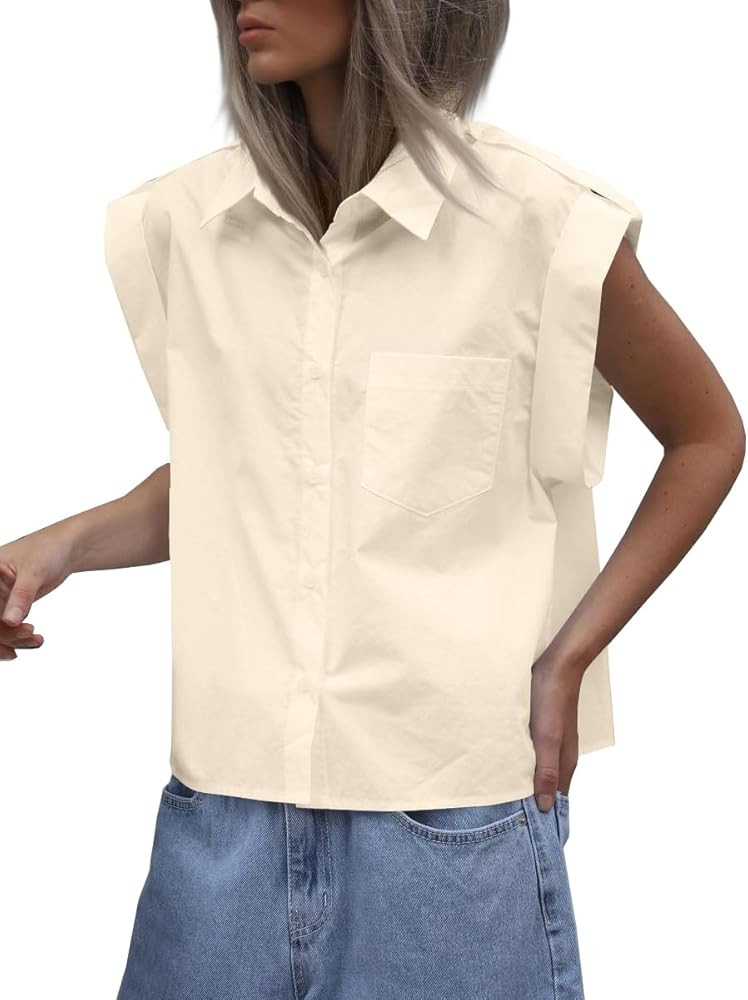 Tankaneo Womens Button Down Shirts Short Sleeve Roll Up Loose Fit Blouse Tops | Amazon (US)