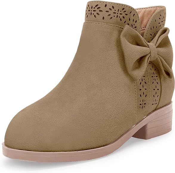 Girls Kids Bow Knot Ankle Boots Faux Suede V Cutout Low Stacked Heel Side Zipper Chelsea Shoes | Amazon (US)