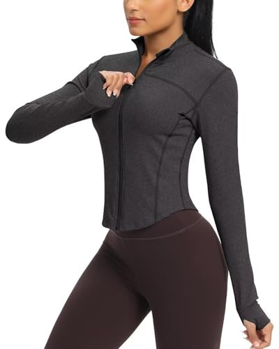 QUEENIEKE Womens Workout Jacket Lightweight Full Zip Running Track Jacket Slim Fit Yoga Cropped Tops with Thumb Holes, Charcoal Space Dye, M | Amazon (US)