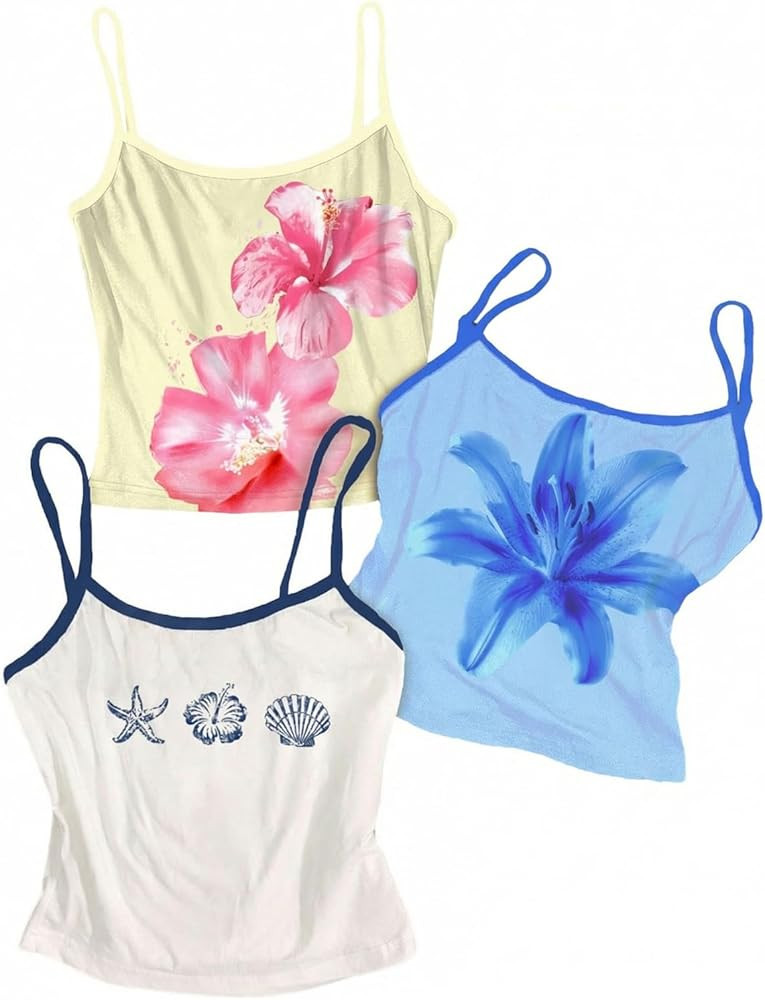 SOLY HUX Women's Cute Summer Floral Tops 3 Packs Spaghetti Strap Tight Tank Tops Beach Crop Camis... | Amazon (US)