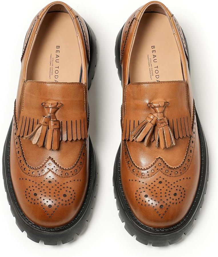 BEAU TODAY Chunky Loafers for Women, Women’s Leather Platform Loafers, Lug Sole Tassel Slip On ... | Amazon (US)