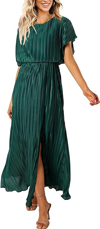 ECOWISH Womens Summer Maxi Dresses: Crew Neck Ruffle Cocktail Dress Sexy Pleated Slit Long Sundre... | Amazon (US)