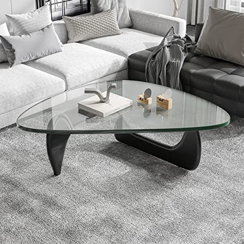Triangle Glass Coffee Table-Mid-Century Modern End Table Solid Wood Base and Vintage Tempered Transparent Glass Top Coffee Tables Living Room Balcony (36 * 25.6 * 16, Black Transparent) | Amazon (US)